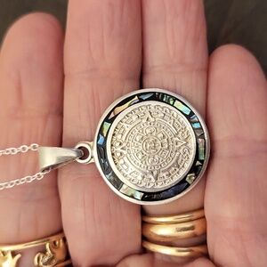 Sterling Silver Aztec Calendar Abalone Pendant Necklace